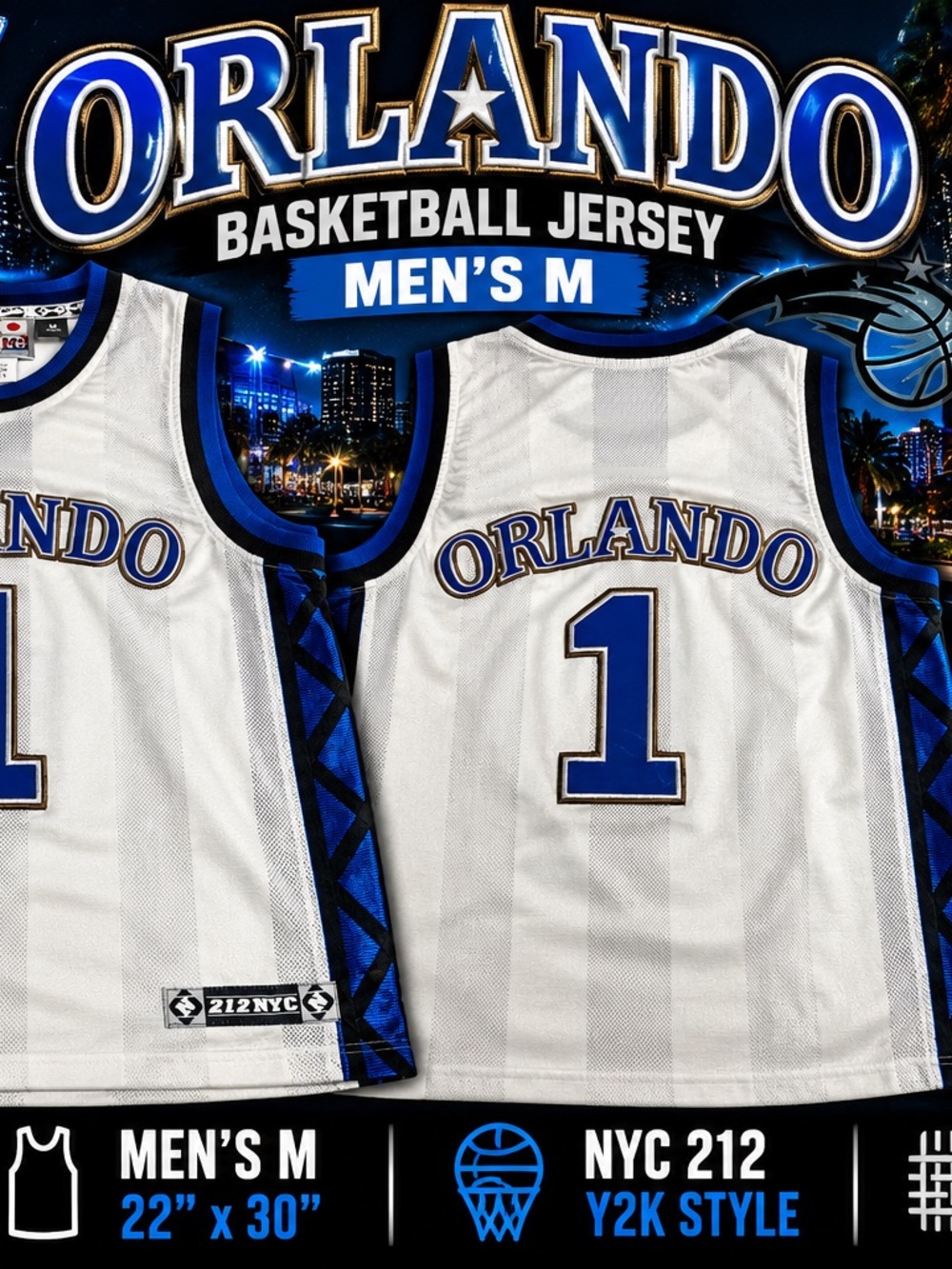 NYC 212 Orlando #1 Basketball Jersey Mens M White Blue Y2K Streetwear Mesh